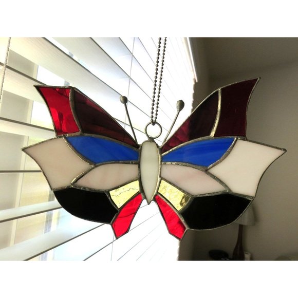 Vintage Stained Glass Butterfly Hand-Crafted Sun Catcher Red Blue White - Picture 5 of 12